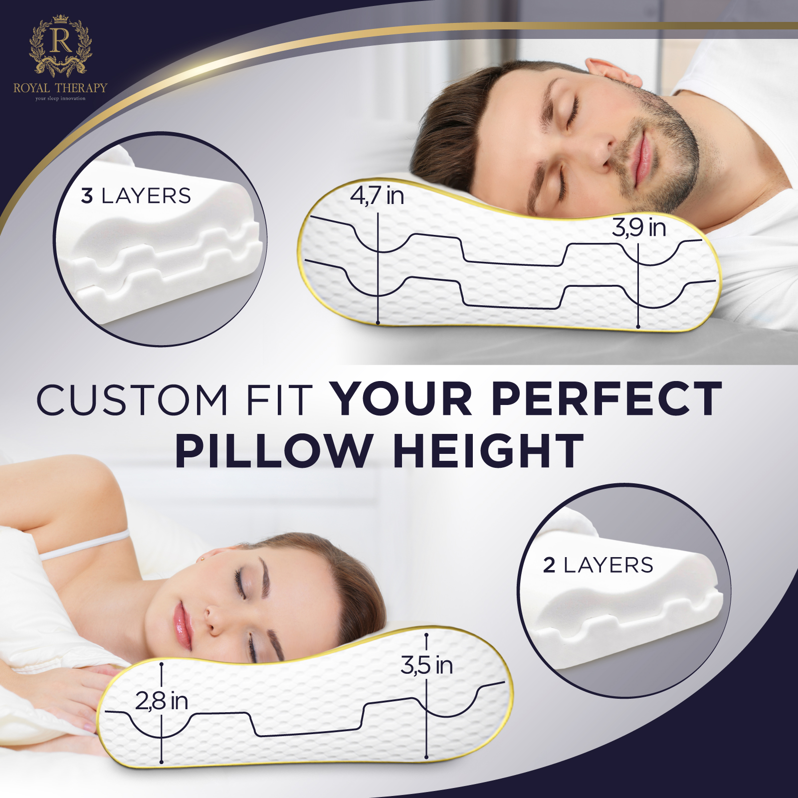 Royal Therapy 3 Layer Queen Memory Foam Pillow Neck Pillow Bamboo Adjustable Side Sleeper Pillow For Neck Shoulder Pain Royal Therapy
